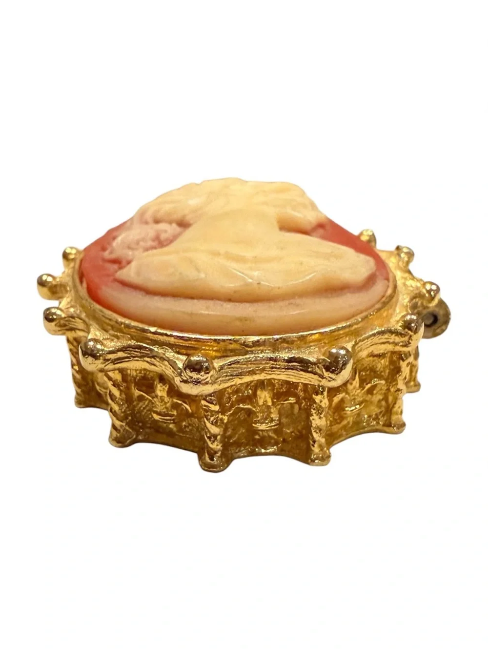 Vintage England cameo Trinket Box | Gold Tone Hinged Vanity Pill Box